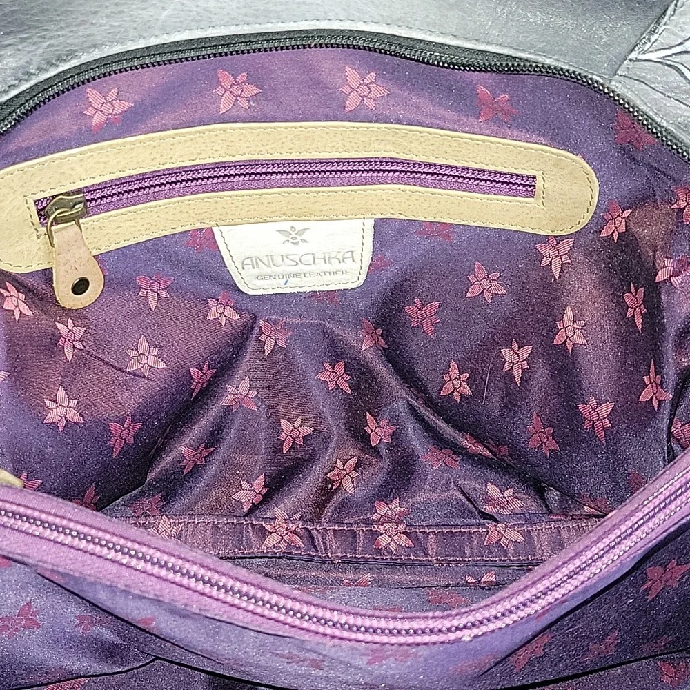 Anuschka Black and Gray Floral Leather Handbag